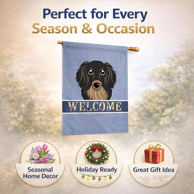 Caroline's Treasures BB1399CHF Longhair Black and Tan Dachshund Welcome House Flag, Blue Large Porch Sleeve Pole Decorative Outside Yard Banner Artwork Wall Hanging, Polyester, House Size, Multicolor