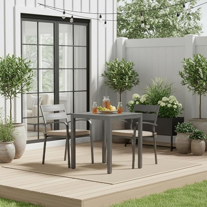Indoor/Outdoor Chair Pads in Sunbrella Fabric – 17''x17'' Patio Seat Cushions with Foam Insert, Removable Reversible Cover & Ties for Patio Dining Chairs – Set of 2 or 4, Cast Shale