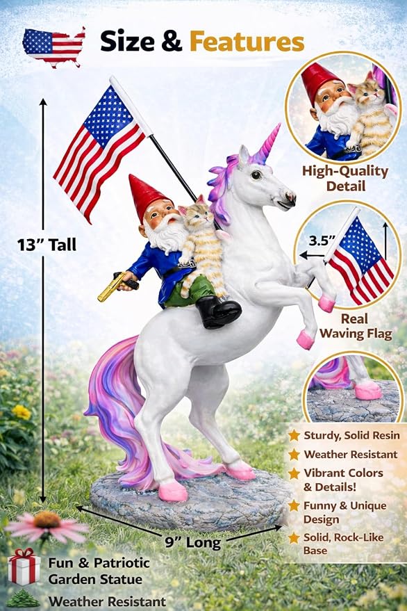 Funny Guy Mugs Garden Gnome Statue - The Ultimate Trio: Cat, Gnome & Unicorn Statue - Indoor/Outdoor Garden Gnome Sculpture for Patio, Yard or Lawn