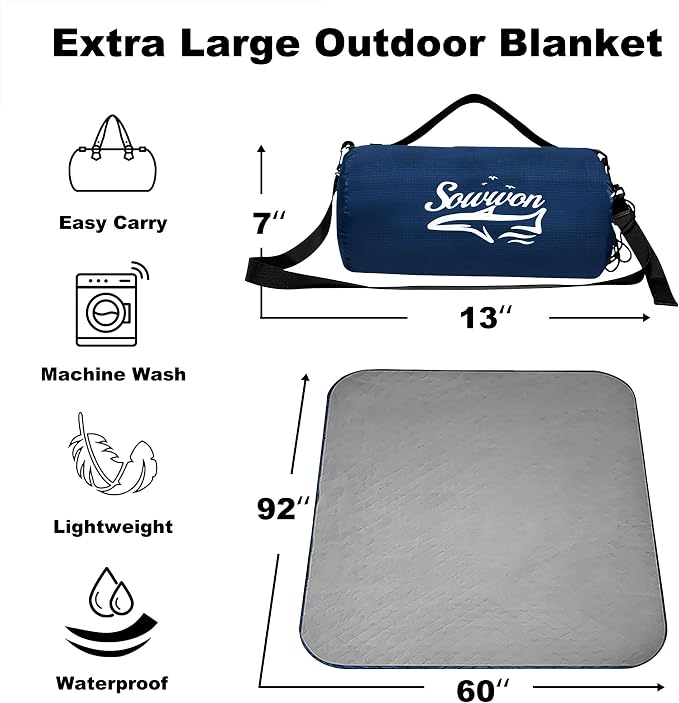 Waterproof Outdoor Blanket 92"x60" Large Quilted Fleece 300GSM Navy | Stadium Blankets for Camping, Packable, Windproof Emergency Throw for Grass Picnic Hiking Road Trip, Machine Washable
