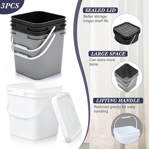 Mumufy 3 Pcs 3.5 Gallon Square Food Grade Bucket with Lid Square Bucket Pail Plastic Handles for Long Term Food Storage, Camping, Fishing, Home Organization Easy Stack and Store (Black,Gray,White)