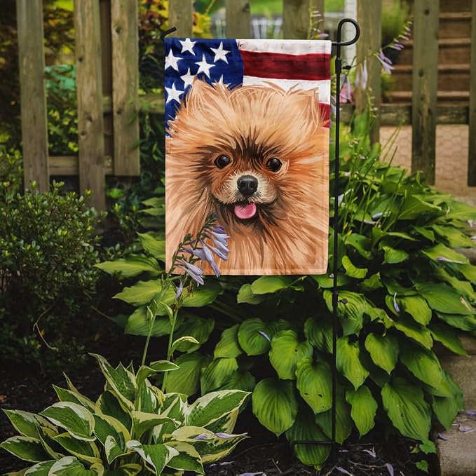 Caroline's Treasures CK6655GF Pomeranian Dog American Flag Garden Flag Mailbox Flag Decorative Yard Flag Banner Outside Patio Artwork Yard Flower Beds, Garden Size, Multicolor