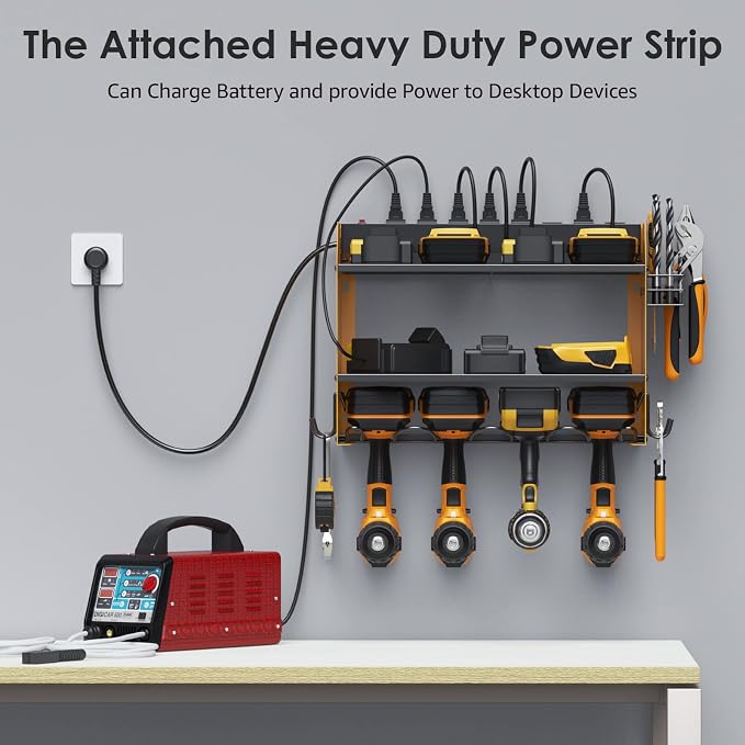 CCCEI Wall Mount Modular Tool Charging Organizer, Yellow, 1 Pack, 3 Tier. | Drill Battery Storage Rack with Hooks, Garage Workshop, Gifts for Men, Dad, Husband Anniversary, Birthday, Christmas