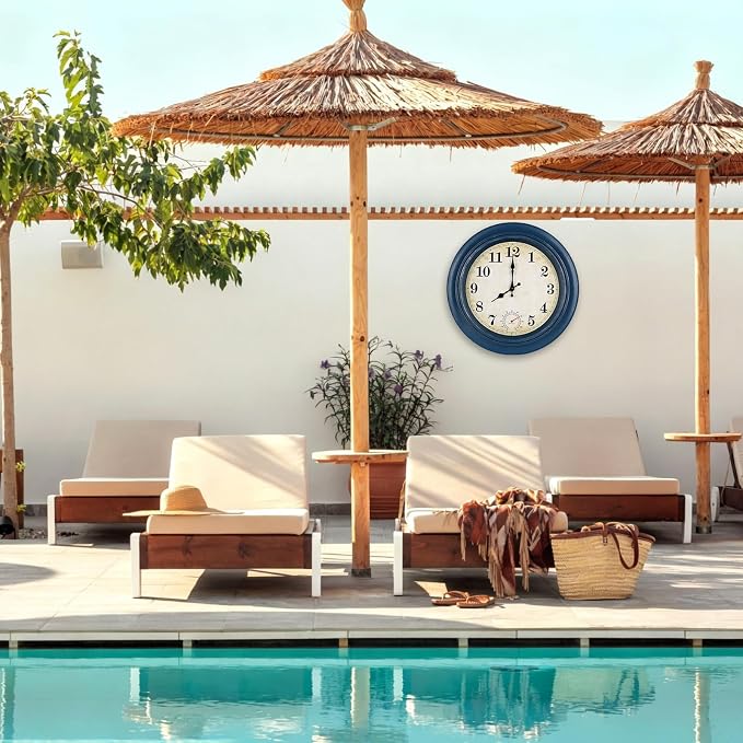 Outdoor Clock Waterproof with Thermometer Wall Clock for Patio Pool Bathroom Kitchen 18 Inch Blue