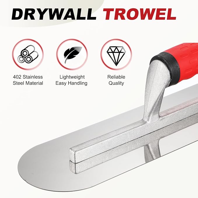 HARFINGTON Double Round Drywall Trowel 16" x 4", 402 Stainless Steel Concrete Finishing Trowel Art Paint Plastering Hand Tools with TPE Grip, for Concrete Cement, Silver