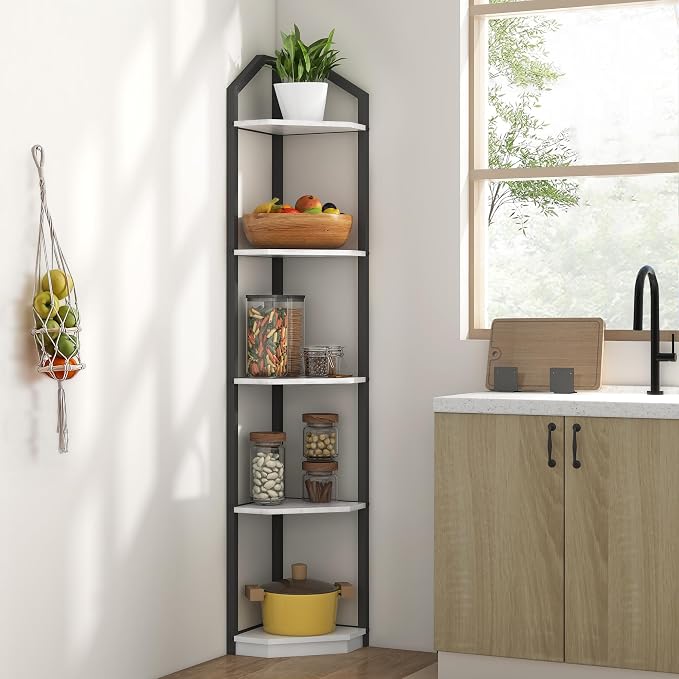Fun Memories 5 Tier Corner Shelf, 70” Corner Shelf Stand, Corner Bookshelf Plant Stand, Storage Shelf for Bathroom, Living Room, Kitchen,Home Office, White