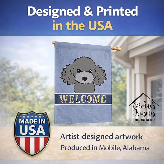 Caroline's Treasures BB1445CHF Silver Gray Poodle Welcome House Flag, Blue Large Porch Sleeve Pole Decorative Outside Yard Banner Artwork Wall Hanging, Polyester, House Size, Multicolor