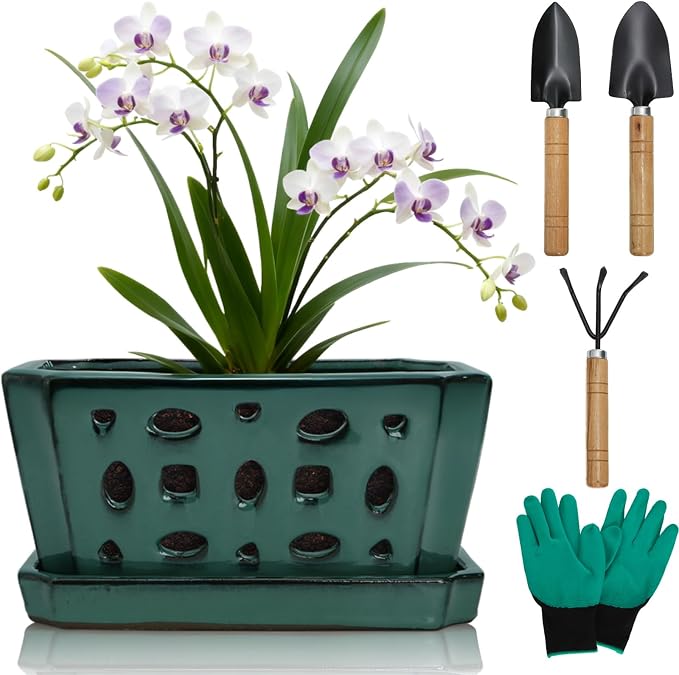 Pumtus Ceramic Orchid Pot with Saucer & Holes, Large Rectangle Repotting Plant Pot with Gloves & 3 PCS Shovels, Thickened Glazed Decorative Planter, Slotted Flower Container for Good Air Circulation