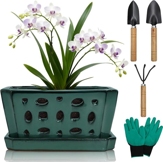 Pumtus Ceramic Orchid Pot with Saucer & Holes, Large Rectangle Repotting Plant Pot with Gloves & 3 PCS Shovels, Thickened Glazed Decorative Planter, Slotted Flower Container for Good Air Circulation