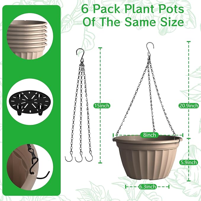 FGstyle 6 Pack Hanging Planters 8 Inch,Self Watering Pots for Indoor Plants,Plastic Hanging Basket with Soil Elevator and 20" Chain for Home Garden Porch Balcony Patio Decor(Beige)