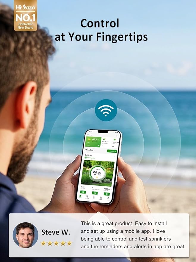 Smart Sprinklers Controller 2.4GHz WiFi, Irrigation Controller Easy Use App Enabled, 4 Zones + 16 Plans, Save Water Auto Skip Rain, Freeze & Wind, 10 Minutes Install