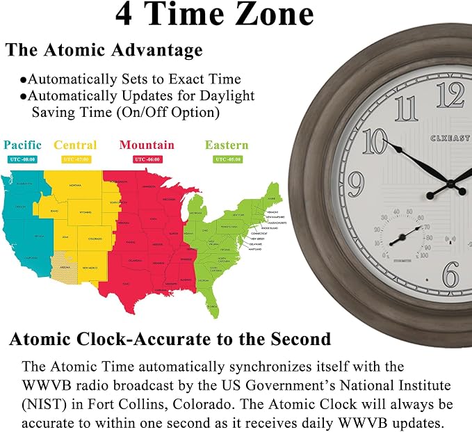 CLXEAST 24 Inch Self-Illuminated in/Outdoor Atomic Wall Clock with Temperature and Humidity, Oversized Large 24 Inch Wall Clocks for Living Room Decor, Brushed Grey Oak Finish