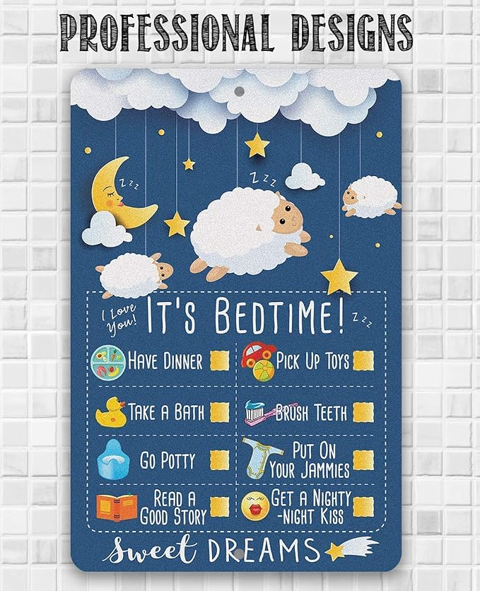 Child Bedtime - Cute Baby Room Decor, Baby Shower and Nursery Room Accessories, Good Night Moon Stars and Sheep, 8x12 Use Indoors or Outdoors Durable Metal Sign