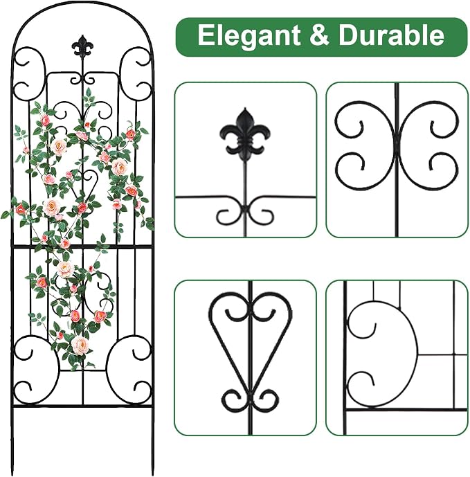 70"X18" Metal Garden Trellis for Climbing Plants, Climbing Plant Support, Heavy-Duty Steel Garden Trellis for Indoor & Outdoor Vines Plant Rose Vegetable Support Black (2, Pattern-C)