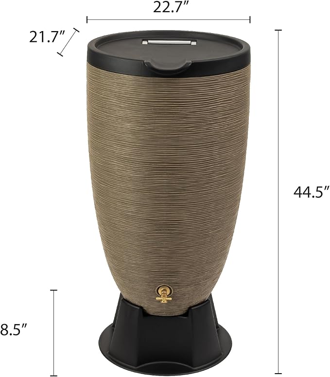 Newport 50‑Gallon Flat‑Back Rain Barrel with Stand & Planter Bundle – Sandstone | Removable Lid, UV-Stabilized Outdoor Water Storage