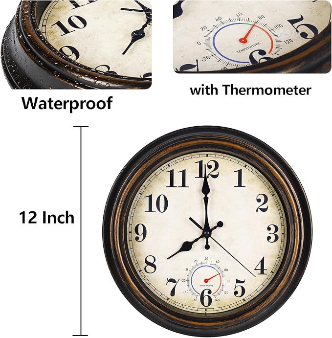 Outdoor Clock Waterproof with Thermometer Wall Clock for Patio Pool Bathroom Kitchen 12 Inch Bronze