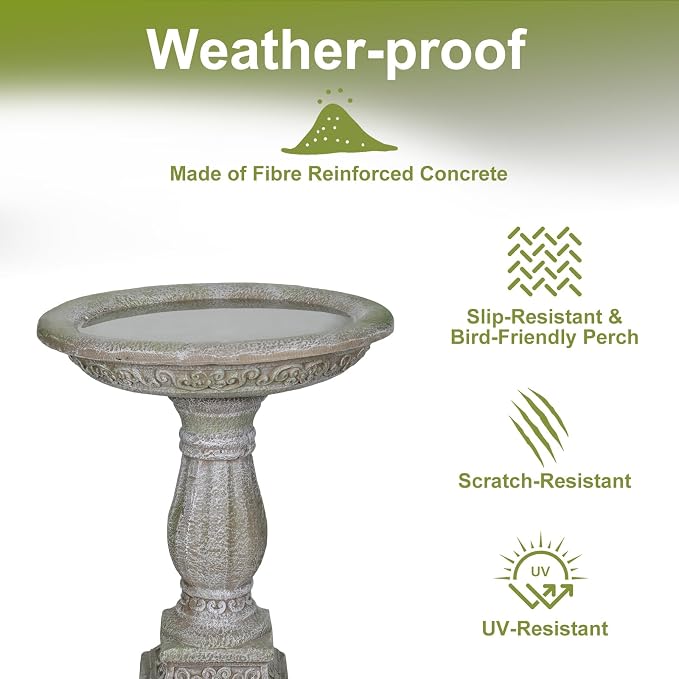 SKYFIRE 23.8" Tall Pedestal Bird Bath for Outdoor, Antique Weathered Concrete Birdbath with Decorative Carving, Durable Freestanding Fiber-Reinforced Cement Bird Bath for Garden, Patio, Lawn, Backyard