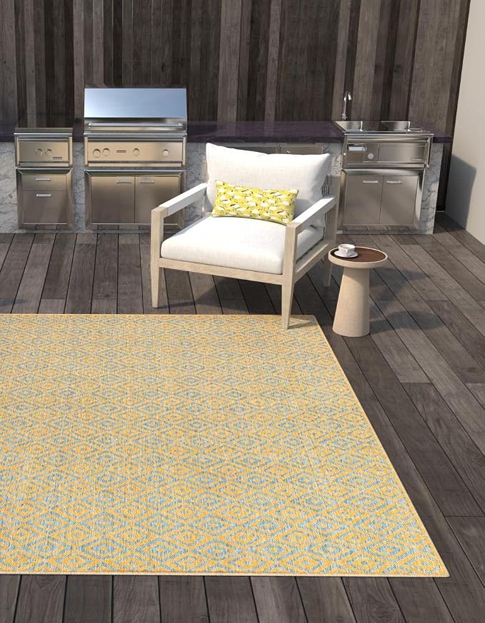Unique Loom Jill Zarin Jill Zarin Outdoor Collection Area Rug - Costa Rica (7' 10" Square, Yellow and Aqua/Light Blue)
