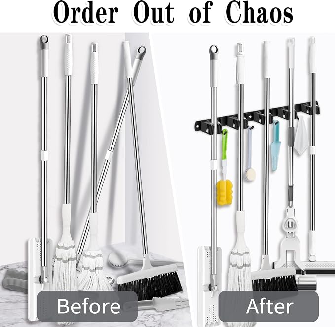 AceMining 2 Pack Black 5 Racks and 4 Hooks Mop and Broom Holder Wall Mount, Broom Organizer Storage Tool Racks Stainless Steel Heavy Duty Hooks Self Adhesive Solid Non-slip for Home Kitchen Garden | Mop Holder Wall Mount and Broom Hanger for Garage, La...