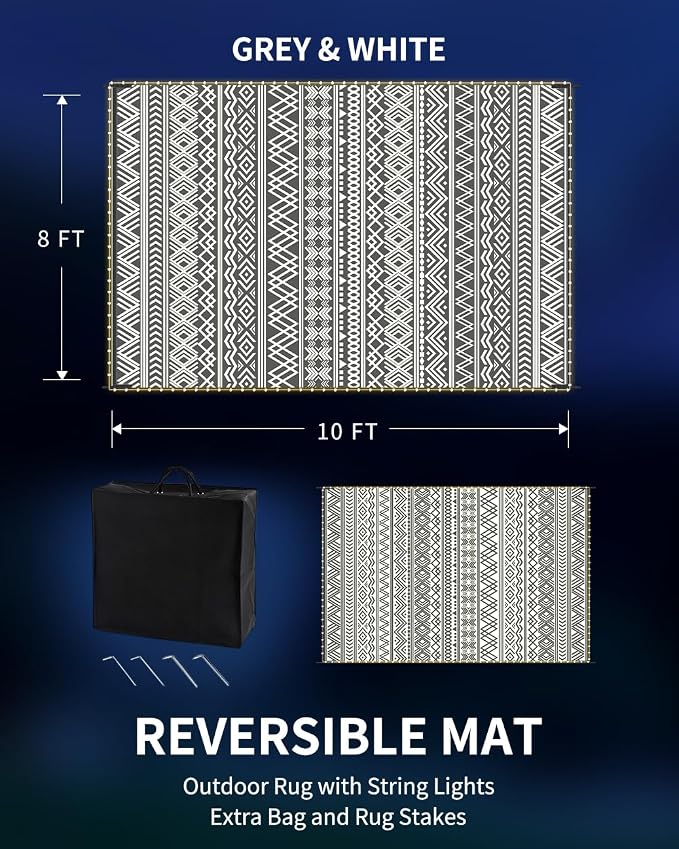 MontVoo-Outdoor Rug Carpet 8x10 ft for Patio RV Camping with Led Strip Lights Waterproof Plastic Straw Rug Reversible Portable Outside Indoor Outdoor Rug Mat for Patio Decor Balcony Picnic-Boho Rug