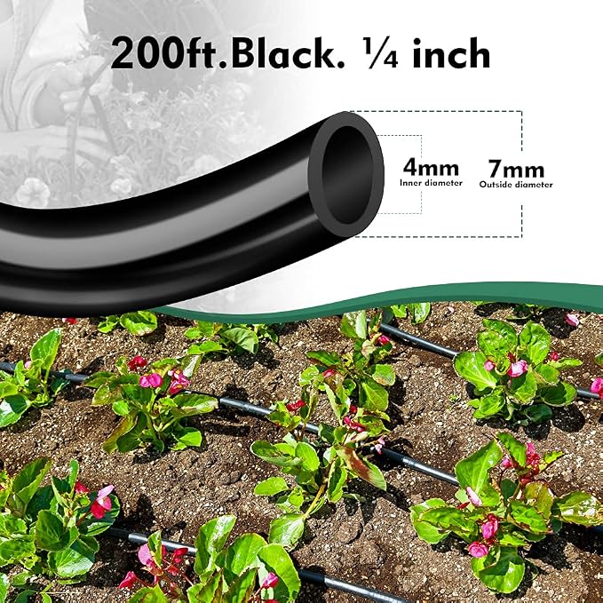 Bonviee 200ft 1/4 inch Drip Irrigation Tubing – Flexible, Durable Garden Watering Hose, Compatible with 1/4" Barbed Tee Fittings, Micro-Emitters & Misters, Easy Install for Home Garden & Raised Beds