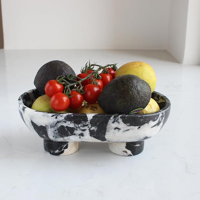 Nawgnail Natural Oval Calacatta Black Marble Fruit Bowl for Kitchen Counter 10", Large Decorative Bowl Two-Legs for Home Decor, Fruits Holder For Dining Table - Kitchen Organization