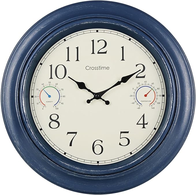 Crosstime 18 Inch Large Outdoor Clock with Thermometer & Hygrometer – Silent Retro Wall Clock Waterproof for Patio, Pool, Garden, Backyard Decor – Blue
