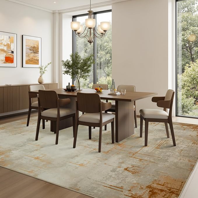 Joydeco 5x7 Area Rugs for Living Room, Washable Modern Abstract Non Slip Soft Rug, Low Pile Carpet for Bedroom, Dining Room, Home Office, Pet & Child Friendly, Light Brown & White&Beige
