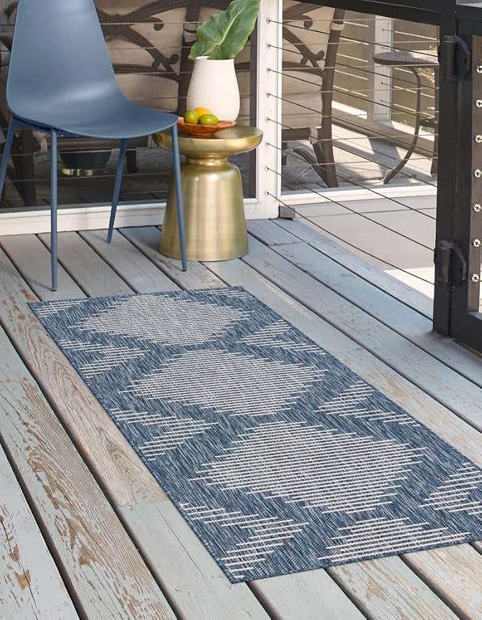 Unique Loom Outdoor Modern Collection Area Rug - Tambor (2' x 8' Runner, Blue/ Ivory)