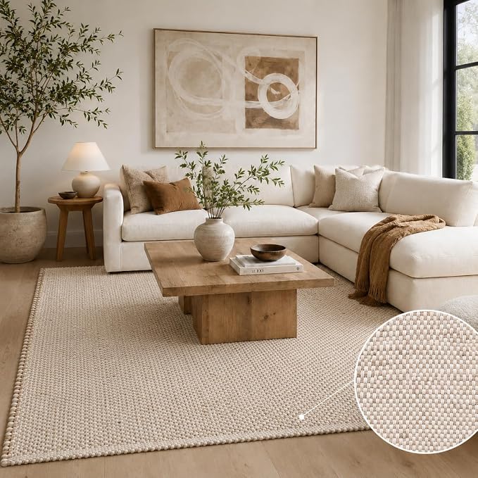 Jute Cotton Hand Woven Area Rug (6' x 9' Natural) | Farmhouse Area Rug for Living Room Bedroom Hallway Entryway Rustic Vintage Bohemian Décor