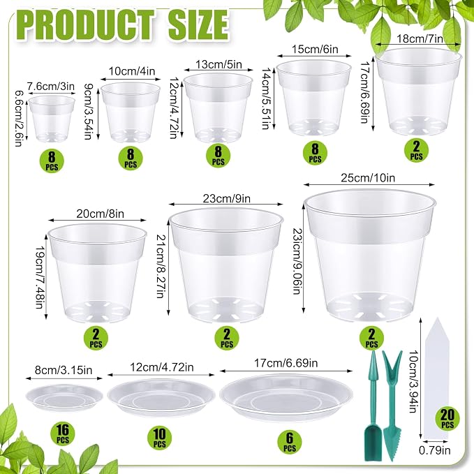Domensi 40 Pack Clear Nursery Pots 3/4/5/6/7/8/9/10 Inch Plastic Plant Pots with Drainage Holes and 32 Trays Garden Seedling Pot with 40 Plant Labels 2 Garden Tools for House Plants Flowers