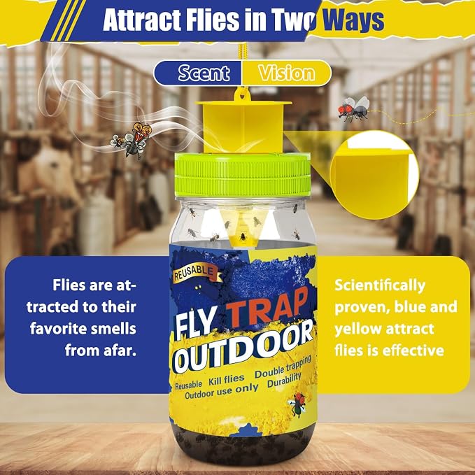 3 Pack Reusable Fly Traps Outdoor Bottles, Fly Killer Catcher Jar with 6 Natural Fly Bait Refills Lure, Flies Bug Insect Trap Control for Outside Barns, Stable, Patio, Hanging Chain, Brush Included