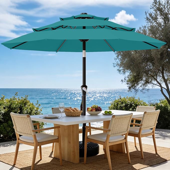 AreShark 9ft 3-Tier Patio Umbrellas, Outdoor Umbrella with 8 Sturdy Ribs UV Protection Windproof, Market Table Umbrella w/Push Button Tilt & Crank for Pool, Porch, Deck, Garden(Lake Blue)