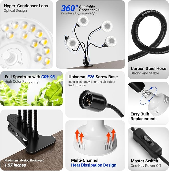 Barrina Orbgrow OG11A4 Clip On Grow Lights for Indoor Plants, Integrated Stepless Dimming & Timing, 5000K 44W(4 x 11W, 400 Watt Equiv), Full Spectrum 4-Gooseneck with E26 Plant Light Bulbs