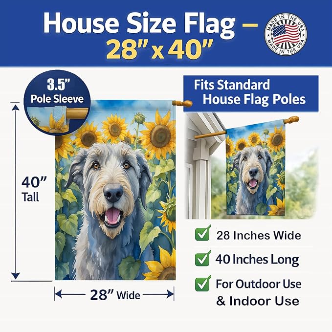 Caroline's Treasures DAC6100CHF Irish Wolfhound in Sunflowers House Flag Large Porch Sleeve Pole Decorative Outside Yard Banner Artwork Wall Hanging, Polyester, House Size, Multicolor