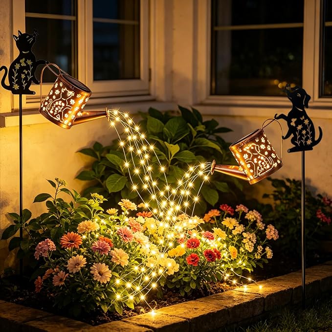 Solar Watering Can with Metal Cat and Dog Figures, Hanging Garden Decoration, Outdoor Garden Gift for Women
