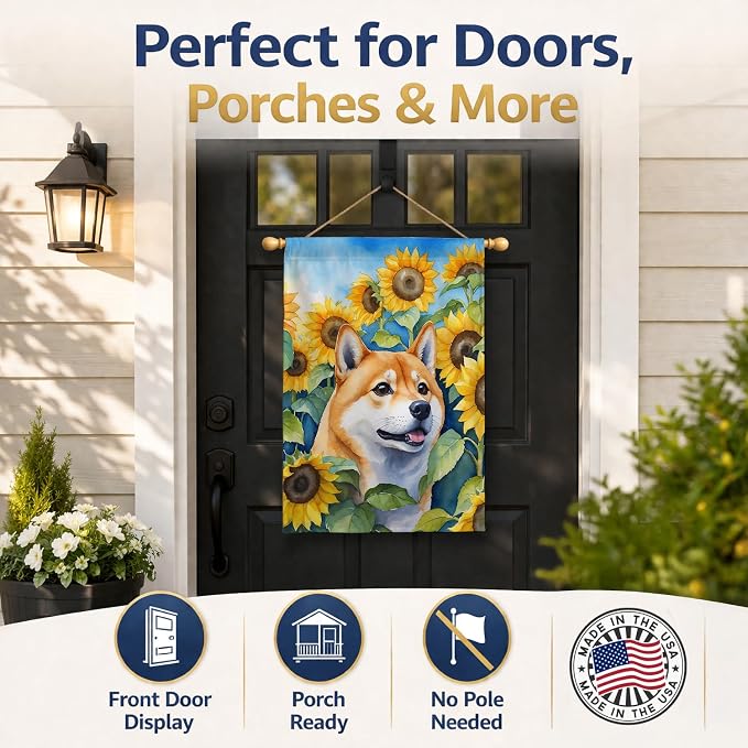 Caroline's Treasures DAC6161CHF Shiba Inu in Sunflowers House Flag Large Porch Sleeve Pole Decorative Outside Yard Banner Artwork Wall Hanging, Polyester, House Size, Multicolor