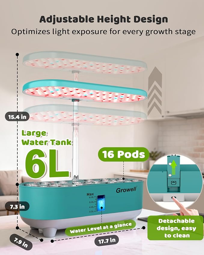 Growell 16 Pods Hydroponics Growing System Kit with 3 Light Modes & 2 Timer | Smart Water Circulation, LED Grow Light, 8L Large Water Tank, Coutertop, Indoor Herb Garden, Perfect Gardening Gifts, Green