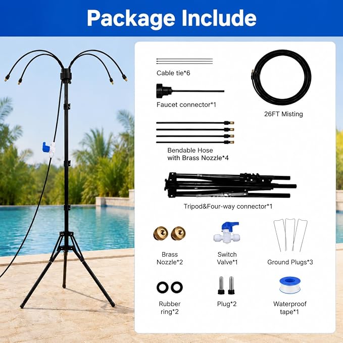 Standing Misters for Outside Patio, Portable Misting System with 5.3Ft Adjustable Height, 26Ft Water Hose and Stable Tripod Base for Backyard Pool Garden Cooling