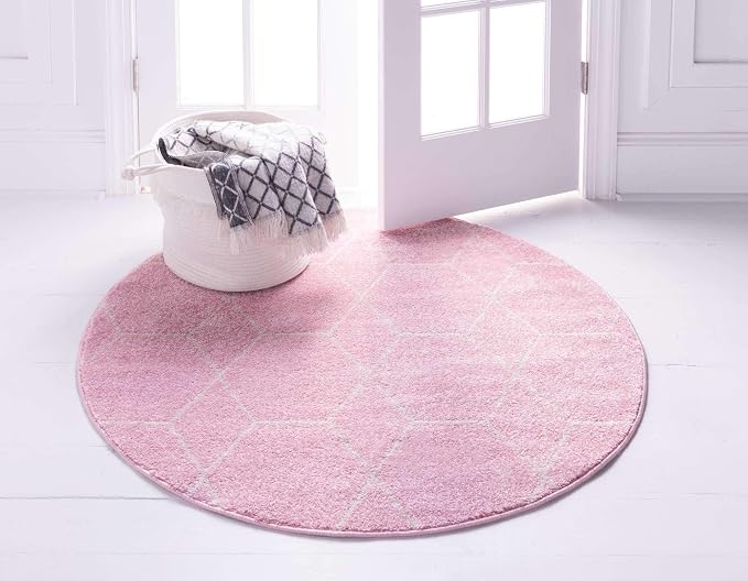 Unique Loom Trellis Frieze Collection Area Rug - Geometric (5' 1" Round, Light Pink/ Ivory)