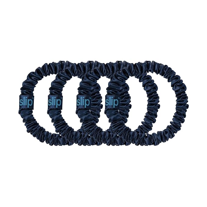 Slip Silk Hair Ties — Skinny Silk Navy Scrunchies, No Damage, No Crease, Anti-Breakage |100% Mulberry Silk | All Hair Types | Made with Proprietary Slipsilk™ | Set of 4