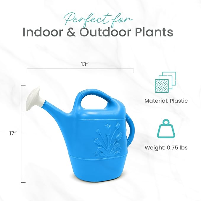 Union Products 63066 2 Gallon Plastic Indoor/Outdoor Watering Can w/Tulip Design for Garden, Potted Plants, & Patio Pots, Caribbean Blue