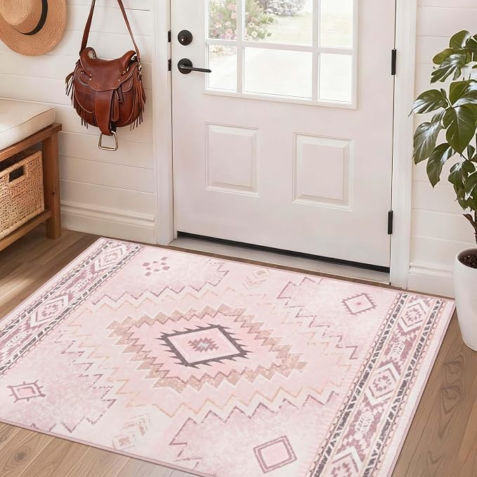 Yinhua Pink Rug 2x3 Non Slip, Western Washable Rug Low-Pile | Soft Moroccan Door Mat Indoor Entrance with Rubber Backing, Stain Resistant Aztec Small Rugs for Bathroom Kitchen Hallway