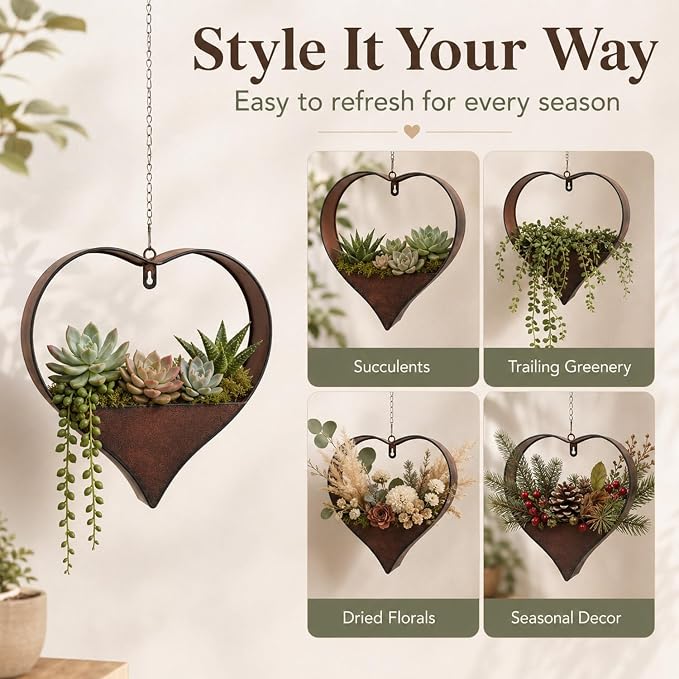 Metal Hanging Planters for Indoor & Outdoor Plants - Heart Shaped Planters for Wall or Window,Garden Patio or Indoor Decor for Women(Cooper)