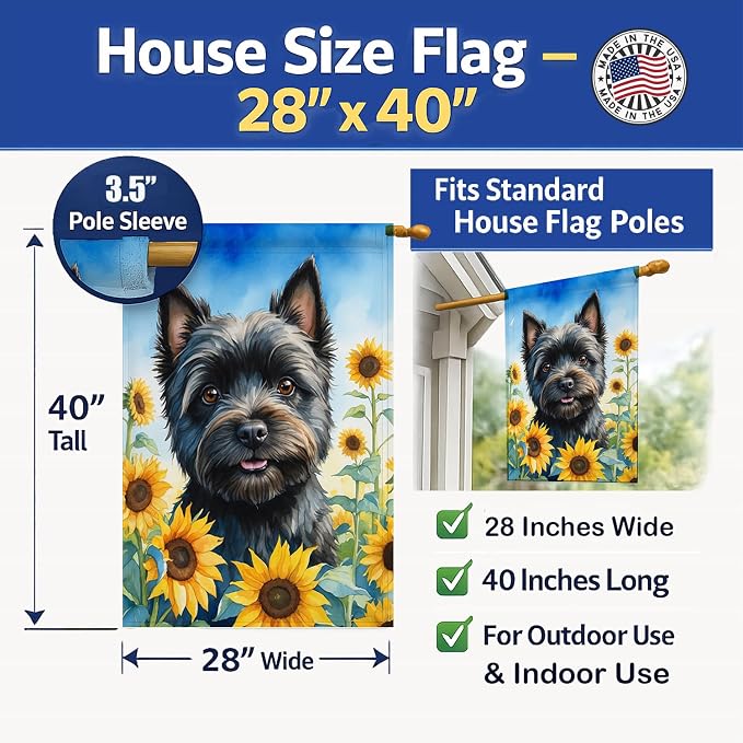 Caroline's Treasures DAC6043CHF Cairn Terrier in Sunflowers House Flag Large Porch Sleeve Pole Decorative Outside Yard Banner Artwork Wall Hanging, Polyester, House Size, Multicolor