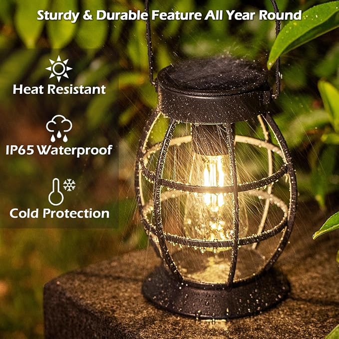 LeiDrail Solar Lanterns Outdoor 4 Pack, Hanging Waterproof Metal Lantern Dual LED Warm White, Auto On/Off Garden Patio Yard Porch Pathway Table Decor, Solar Powered Gift for Women