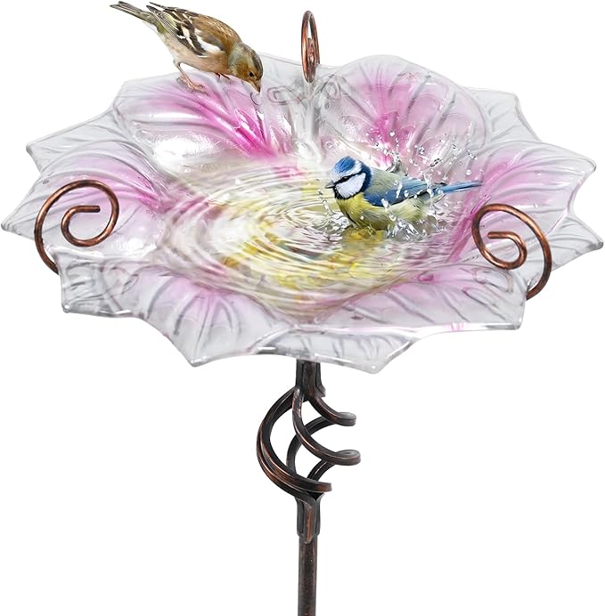 VCUTEKA Glass Bird Bath Outdoor BirdBath Bird Feeder with Metal Stake Garden Decor, Pink
