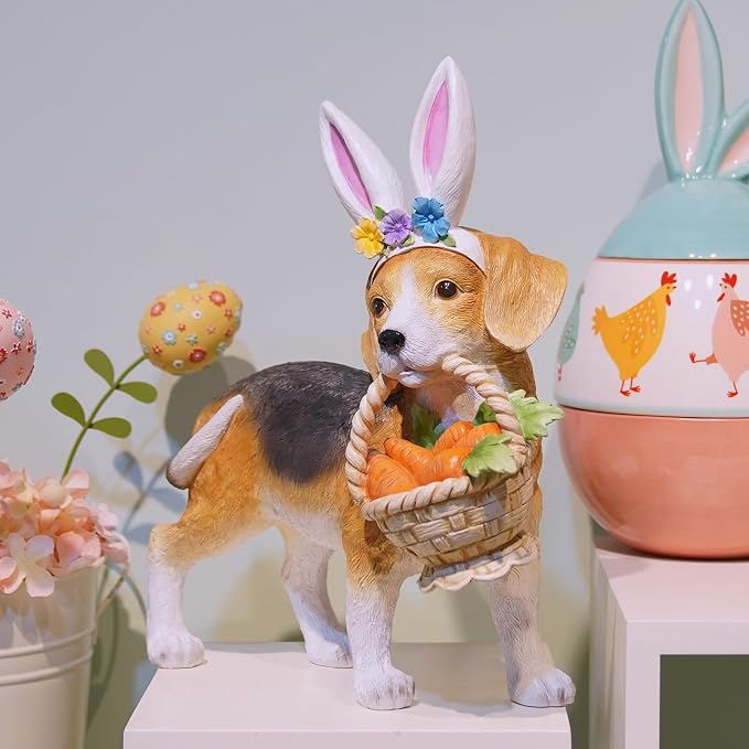 Cynkeyee Dog Garden Statue Decoration - Cute Puppy Beagle with Bunny Ears | Carrot Basket Doggy Figurines, Tabletop Self Floor Indoor Garden Decor, 11.5x4x10.5 inch