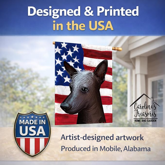 Caroline's Treasures CK6614CHF Mexican Hairless Dog American Flag House Flag Large Porch Sleeve Pole Decorative Outside Yard Banner Artwork Wall Hanging, Polyester, House Size, Multicolor