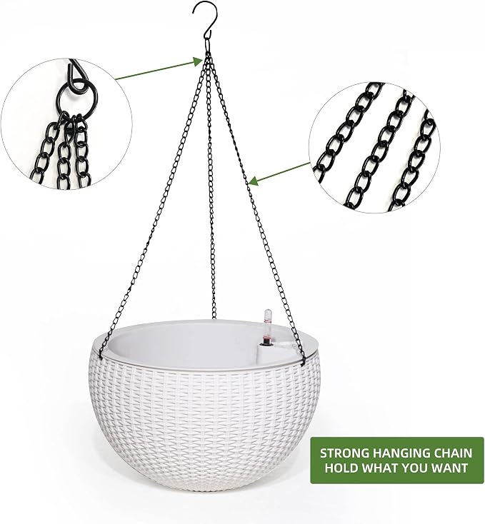 Dexceder 10.5 Inch Self Watering Hanging Planter (White) | Thickened Large Hanging Basket Flower Plant Pot with Water Level Indicator Indoor Outdoor